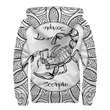 White And Black Scorpio Sign Print Sherpa Lined Zip Up Hoodie