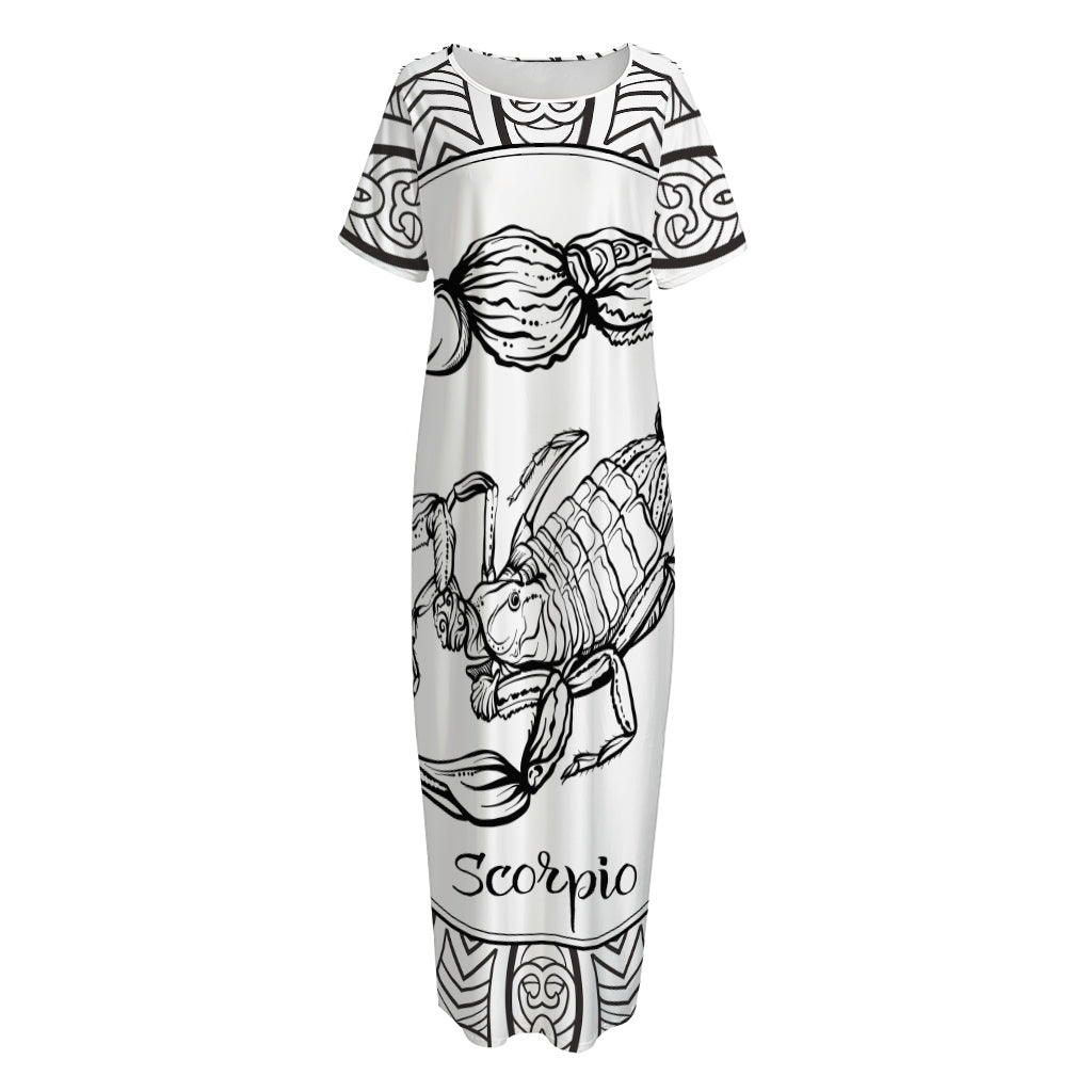 White And Black Scorpio Sign Print Short Sleeve Long Nightdress
