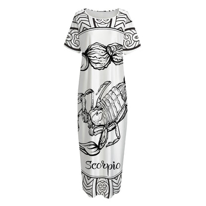White And Black Scorpio Sign Print Short Sleeve Long Nightdress