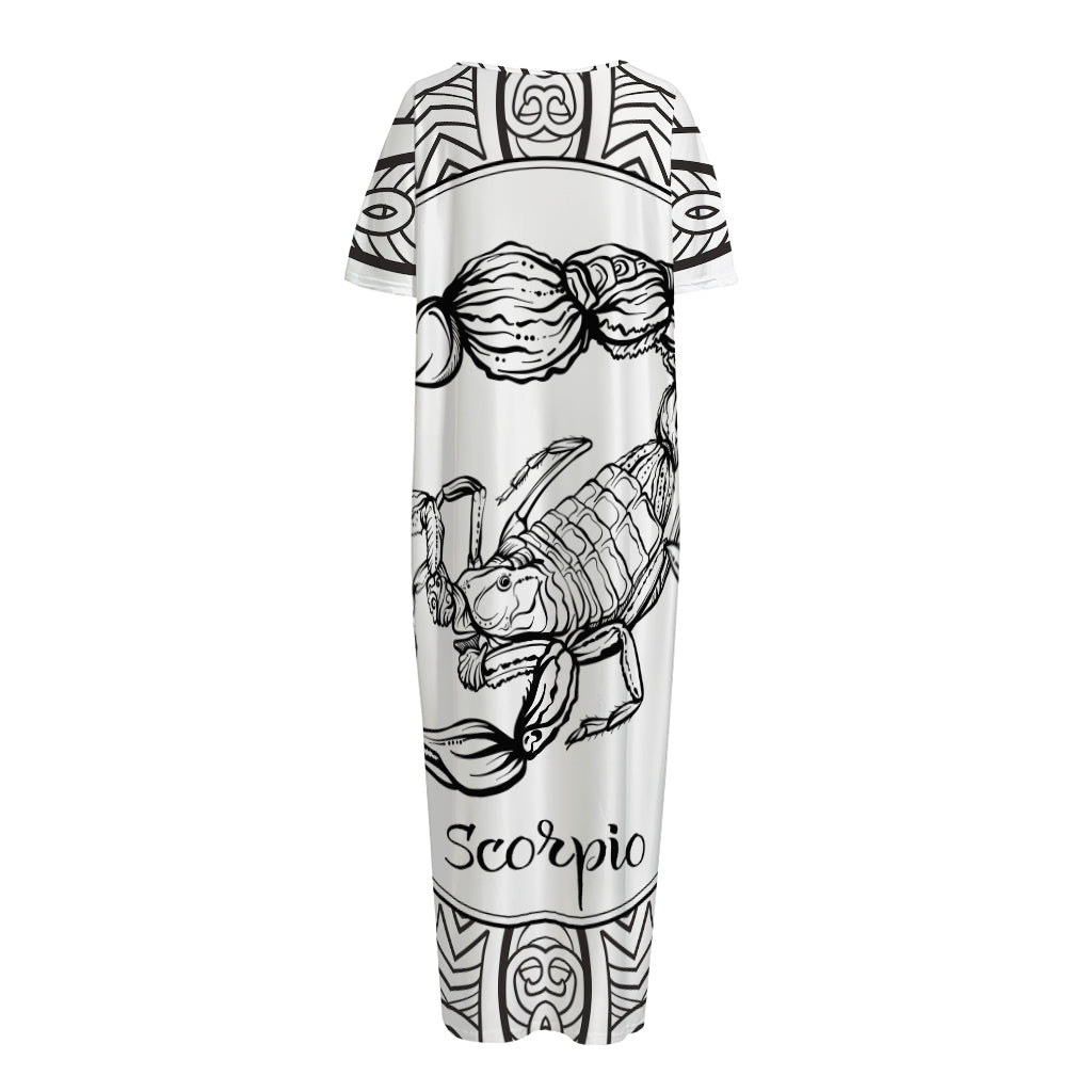 White And Black Scorpio Sign Print Short Sleeve Long Nightdress