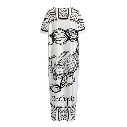 White And Black Scorpio Sign Print Short Sleeve Long Nightdress
