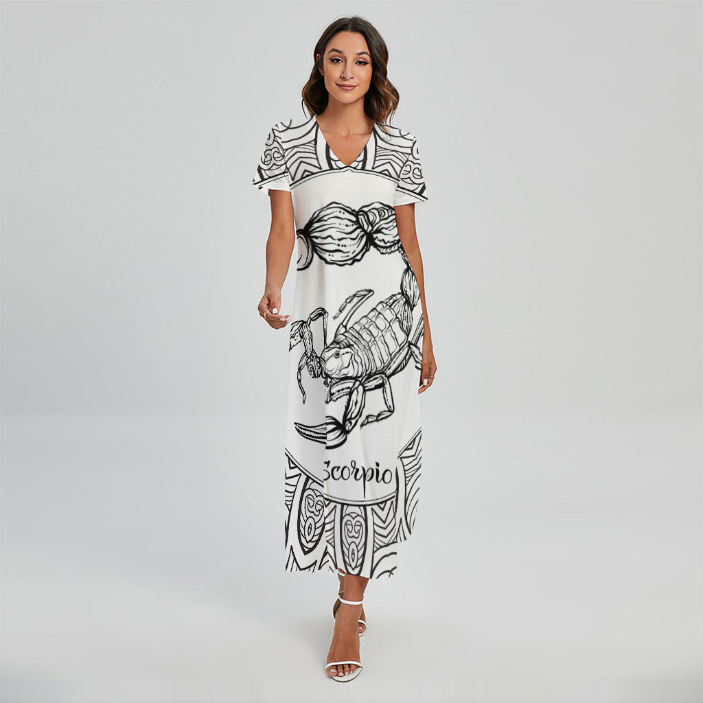 White And Black Scorpio Sign Print Short Sleeve Maxi Dress