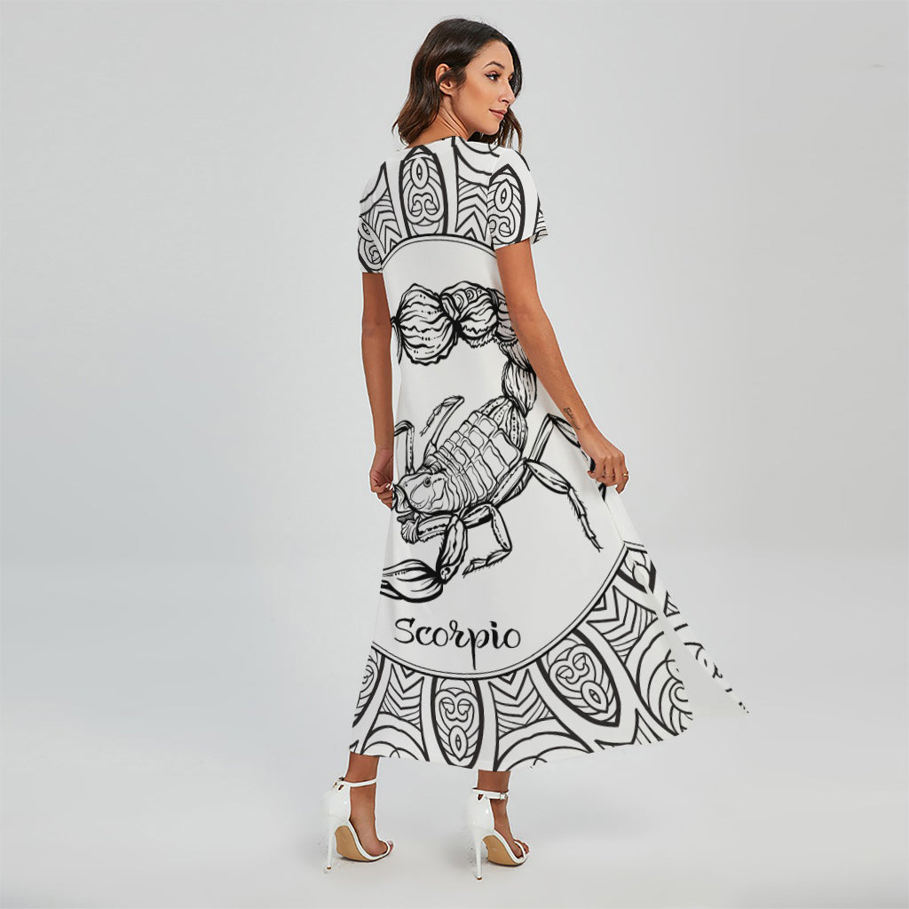 White And Black Scorpio Sign Print Short Sleeve Maxi Dress