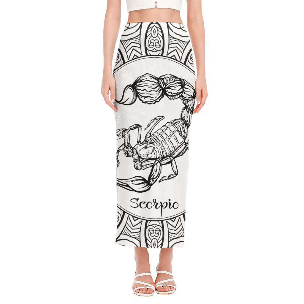 White And Black Scorpio Sign Print Side Slit Maxi Skirt