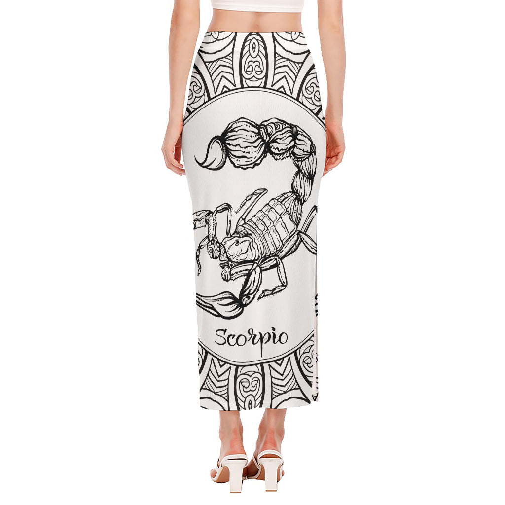 White And Black Scorpio Sign Print Side Slit Maxi Skirt