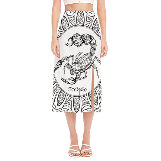 White And Black Scorpio Sign Print Side Slit Midi Skirt