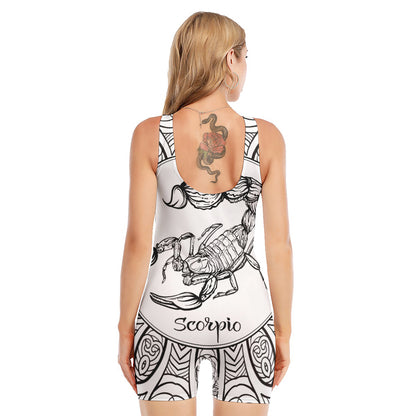 White And Black Scorpio Sign Print Sleeveless One Piece Swimsuit