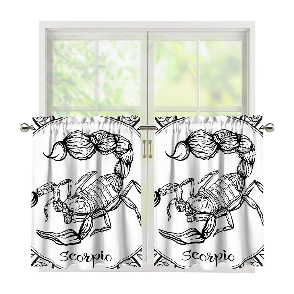 White And Black Scorpio Sign Print Tier Curtains