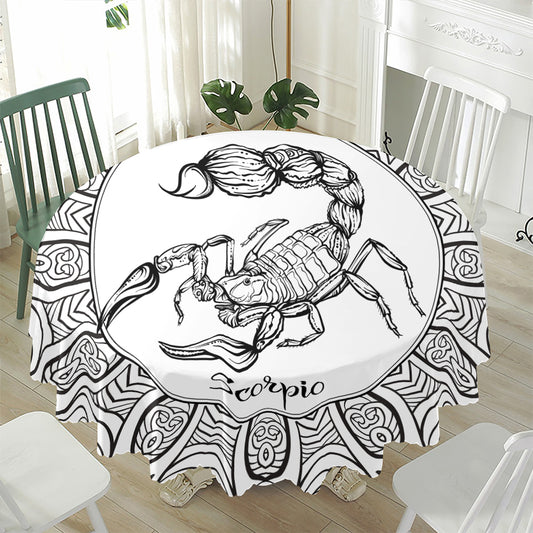 White And Black Scorpio Sign Print Waterproof Round Tablecloth