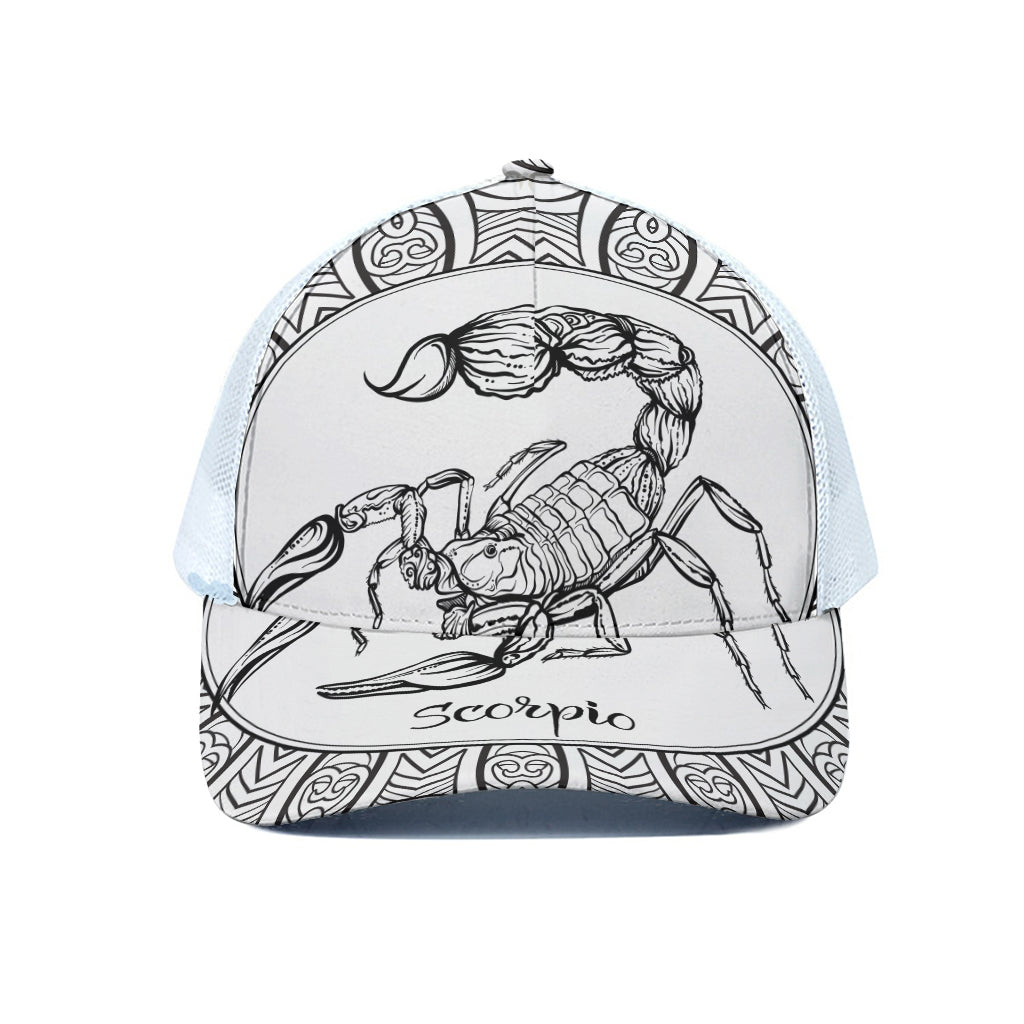 White And Black Scorpio Sign Print White Mesh Trucker Cap