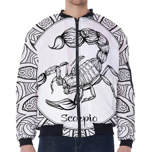 White And Black Scorpio Sign Print Zip Sleeve Bomber Jacket