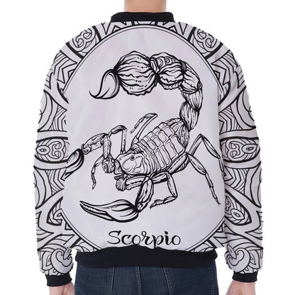 White And Black Scorpio Sign Print Zip Sleeve Bomber Jacket