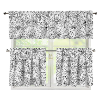 White And Black Spider Web Pattern Print 3 Piece Kitchen Curtains