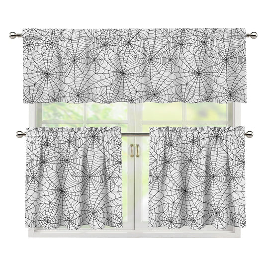 White And Black Spider Web Pattern Print 3 Piece Kitchen Curtains