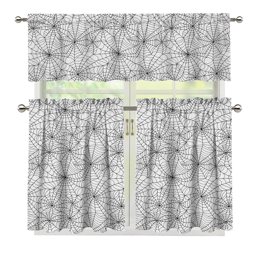 White And Black Spider Web Pattern Print 3 Piece Kitchen Curtains