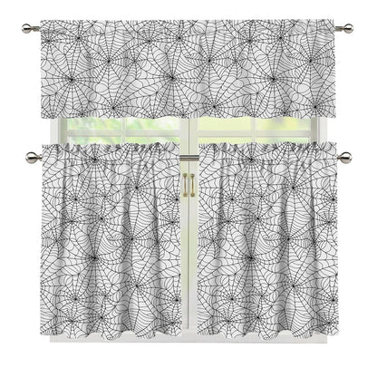 White And Black Spider Web Pattern Print 3 Piece Kitchen Curtains