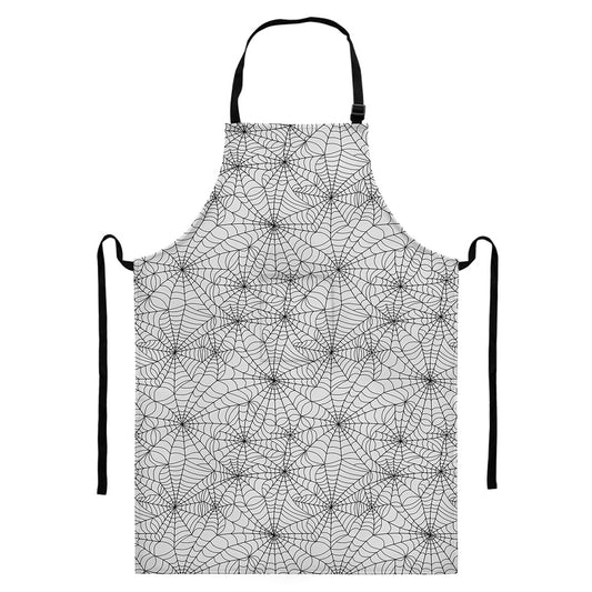 White And Black Spider Web Pattern Print Bib Apron With Pocket