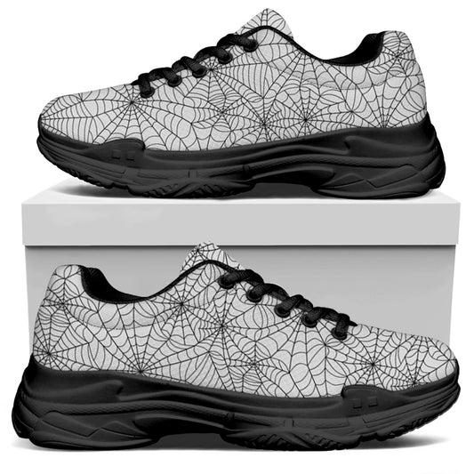 White And Black Spider Web Pattern Print Black Chunky Shoes