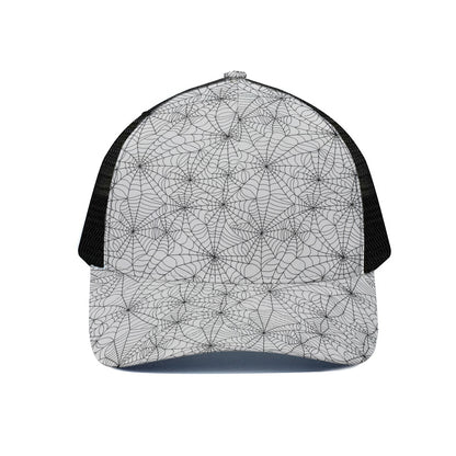 White And Black Spider Web Pattern Print Black Mesh Trucker Cap