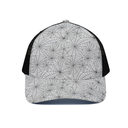White And Black Spider Web Pattern Print Black Mesh Trucker Cap