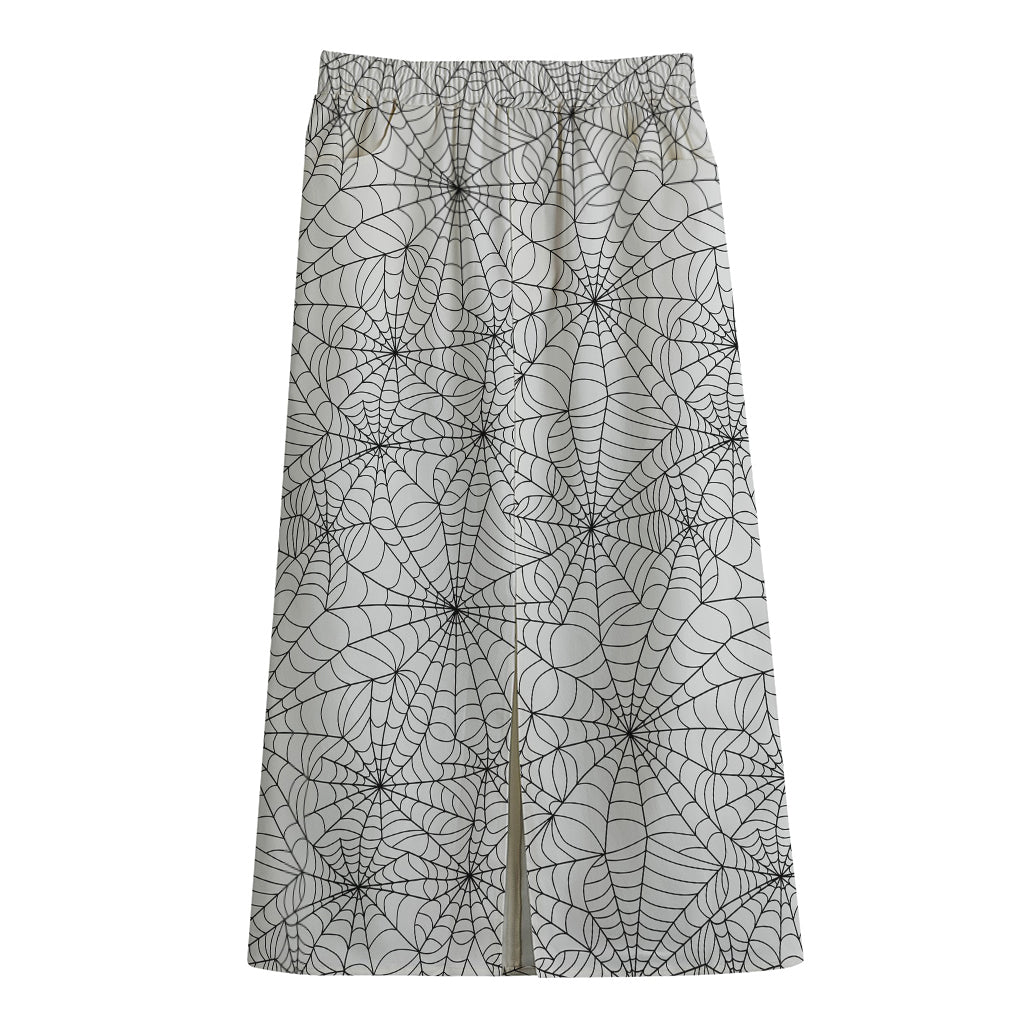 White And Black Spider Web Pattern Print Cotton Front Slit Maxi Skirt