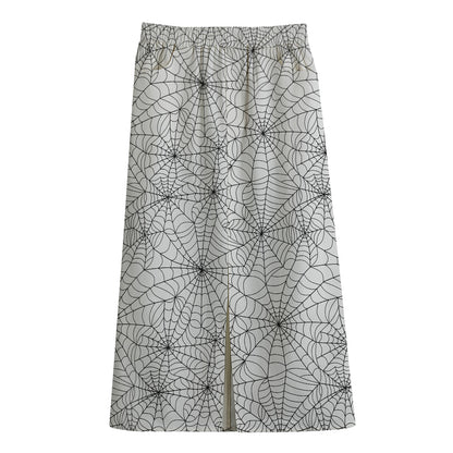 White And Black Spider Web Pattern Print Cotton Front Slit Maxi Skirt