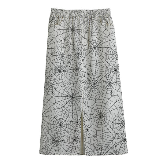 White And Black Spider Web Pattern Print Cotton Front Slit Maxi Skirt