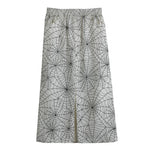 White And Black Spider Web Pattern Print Cotton Front Slit Maxi Skirt
