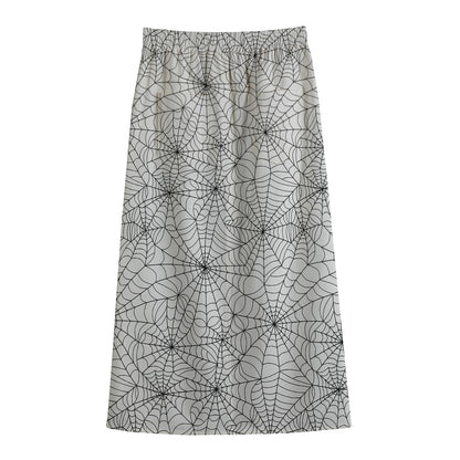White And Black Spider Web Pattern Print Cotton Front Slit Maxi Skirt