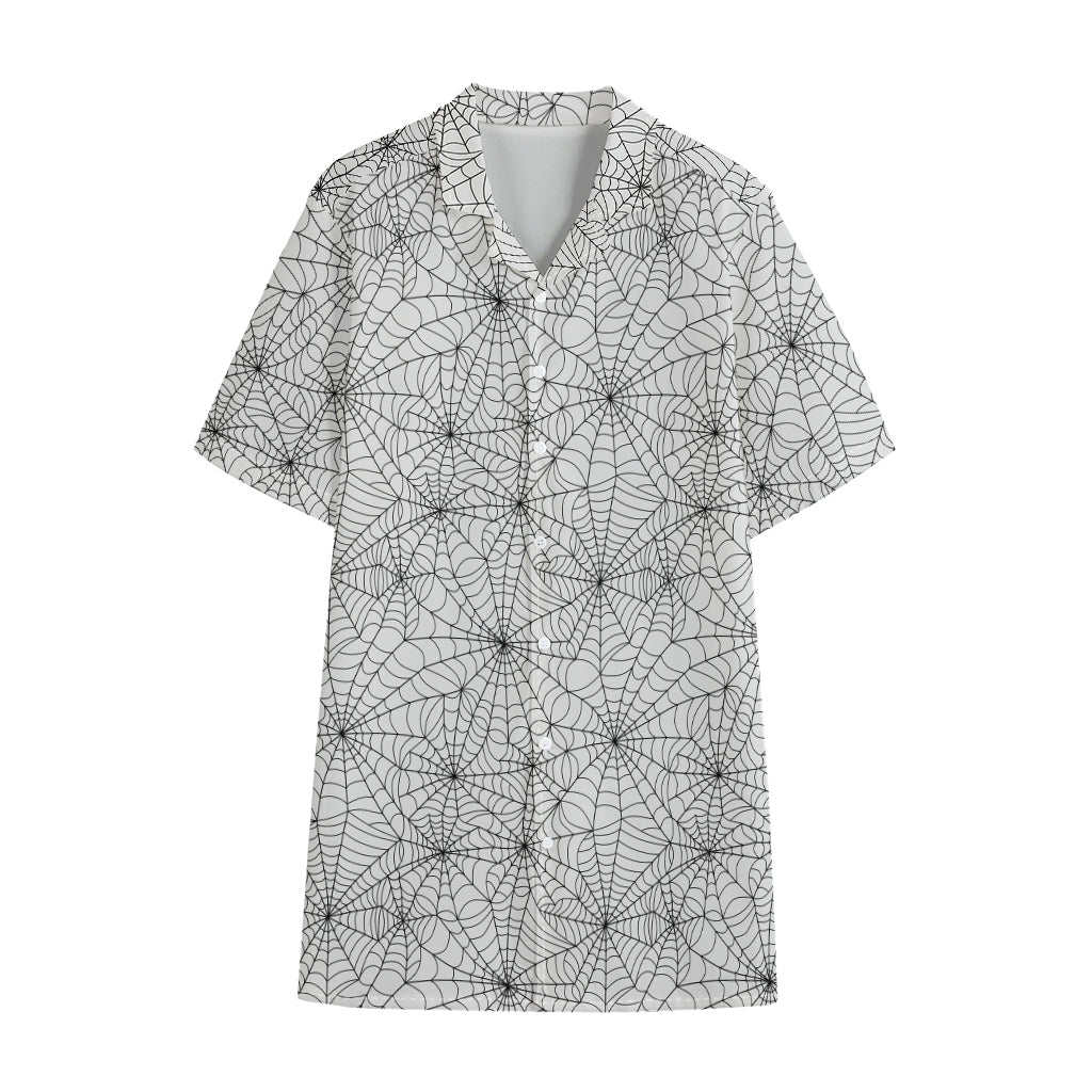 White And Black Spider Web Pattern Print Cotton Hawaiian Shirt