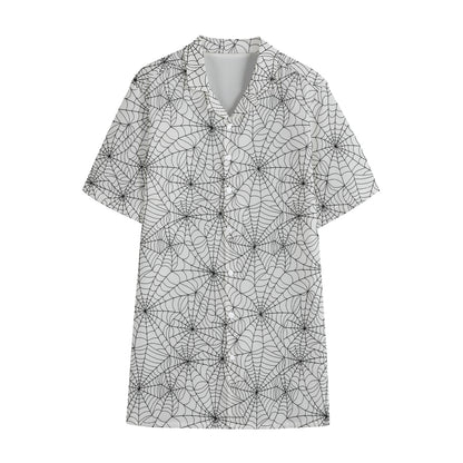 White And Black Spider Web Pattern Print Cotton Hawaiian Shirt