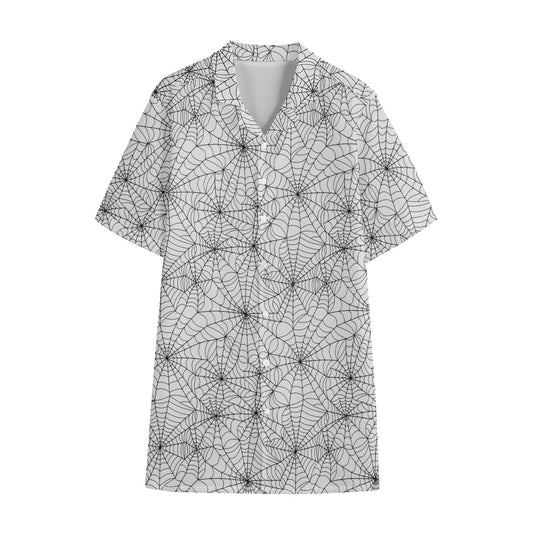 White And Black Spider Web Pattern Print Cotton Hawaiian Shirt