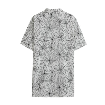 White And Black Spider Web Pattern Print Cotton Hawaiian Shirt