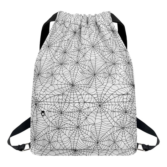 White And Black Spider Web Pattern Print Drawstring Backpack