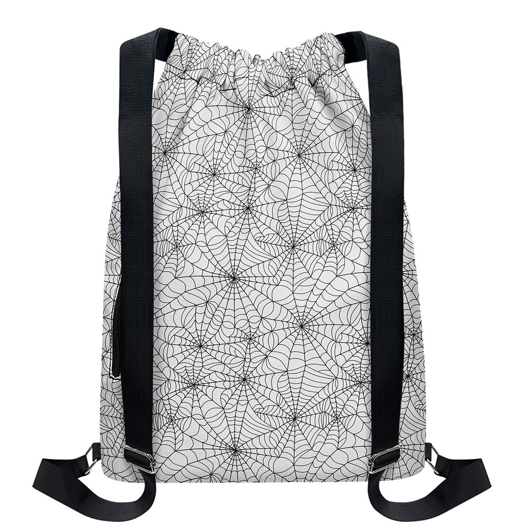 White And Black Spider Web Pattern Print Drawstring Backpack