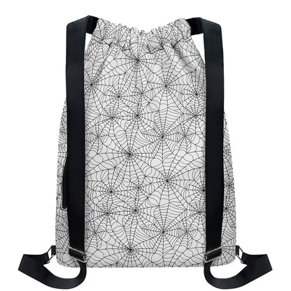 White And Black Spider Web Pattern Print Drawstring Backpack