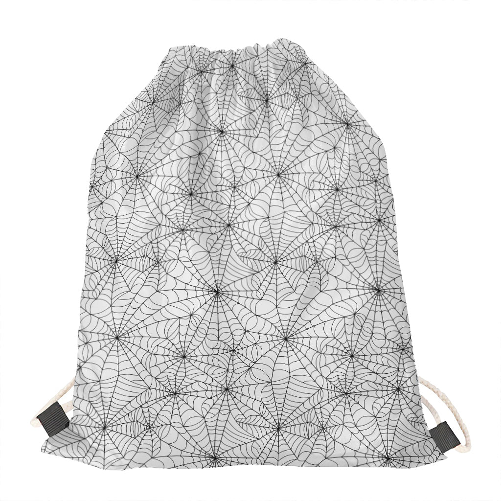 White And Black Spider Web Pattern Print Drawstring Bag