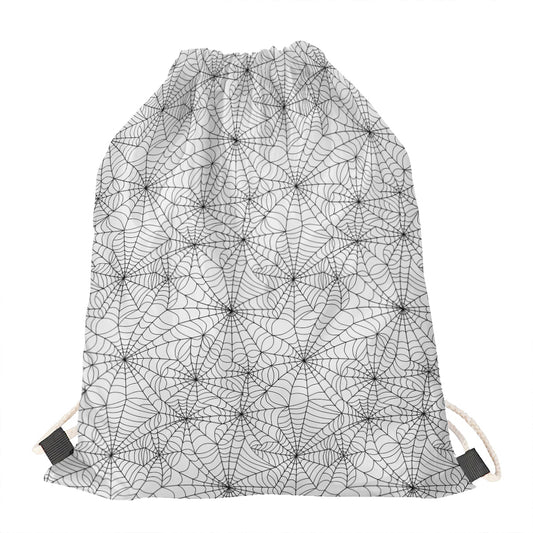 White And Black Spider Web Pattern Print Drawstring Bag