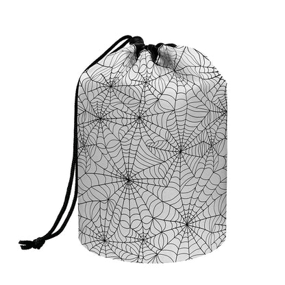 White And Black Spider Web Pattern Print Drawstring Makeup Bag