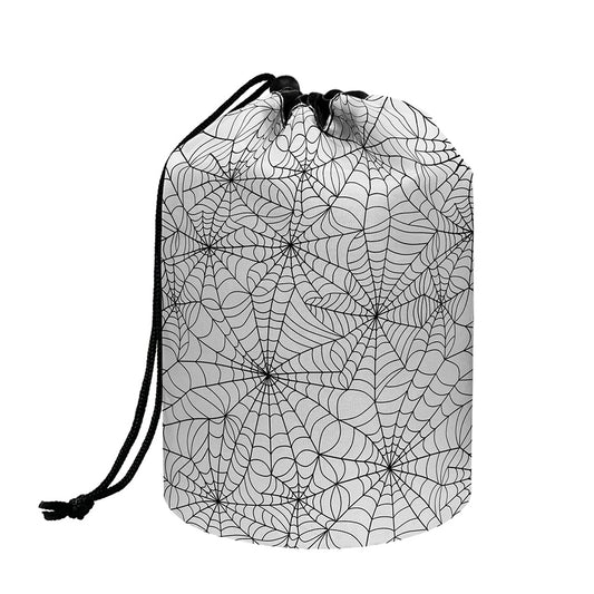 White And Black Spider Web Pattern Print Drawstring Makeup Bag