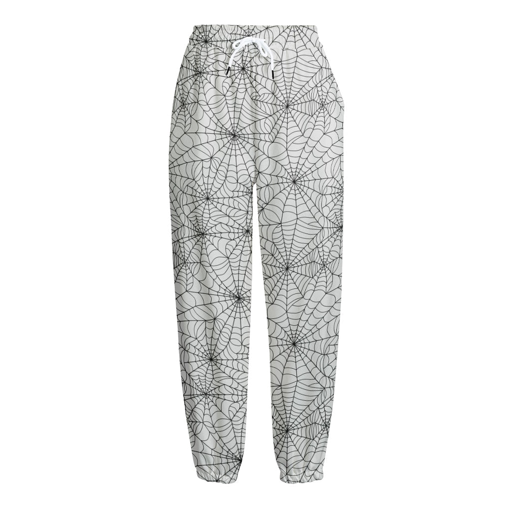 White And Black Spider Web Pattern Print Fleece Lined Knit Pants