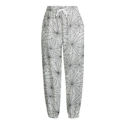 White And Black Spider Web Pattern Print Fleece Lined Knit Pants