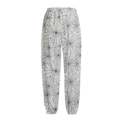 White And Black Spider Web Pattern Print Fleece Lined Knit Pants
