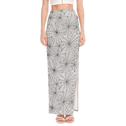 White And Black Spider Web Pattern Print High Slit Maxi Skirt