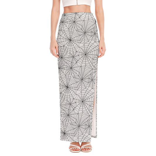 White And Black Spider Web Pattern Print High Slit Maxi Skirt