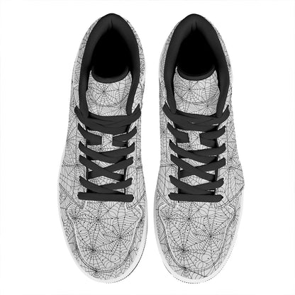 White And Black Spider Web Pattern Print High Top Leather Sneakers