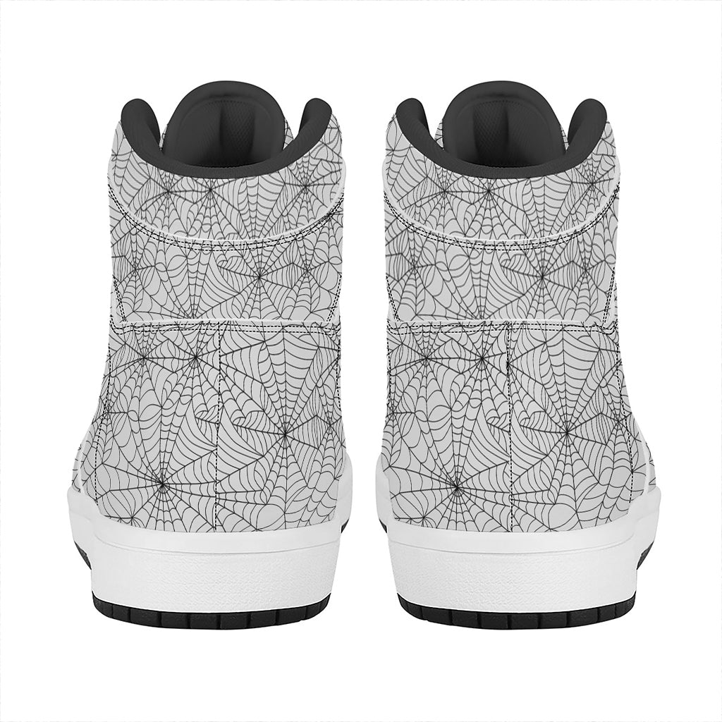 White And Black Spider Web Pattern Print High Top Leather Sneakers