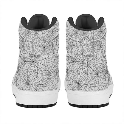 White And Black Spider Web Pattern Print High Top Leather Sneakers