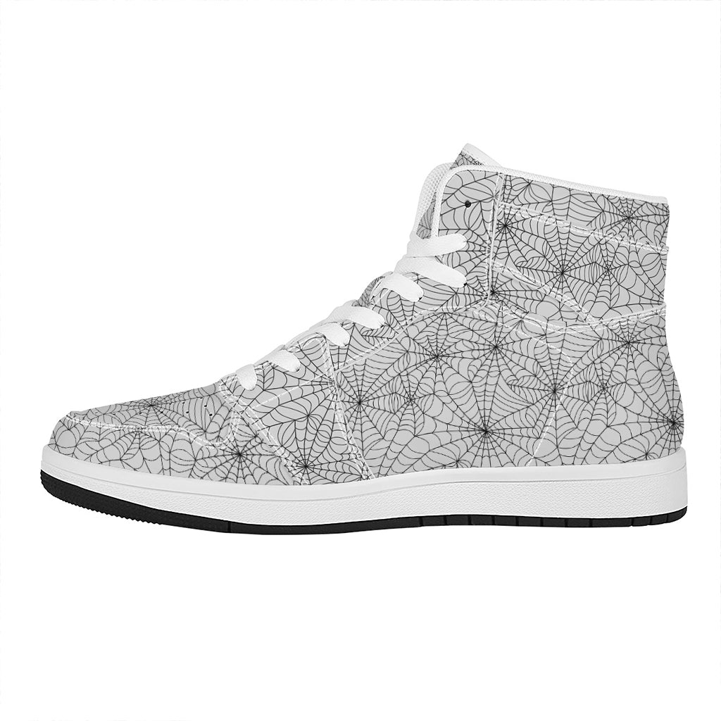 White And Black Spider Web Pattern Print High Top Leather Sneakers
