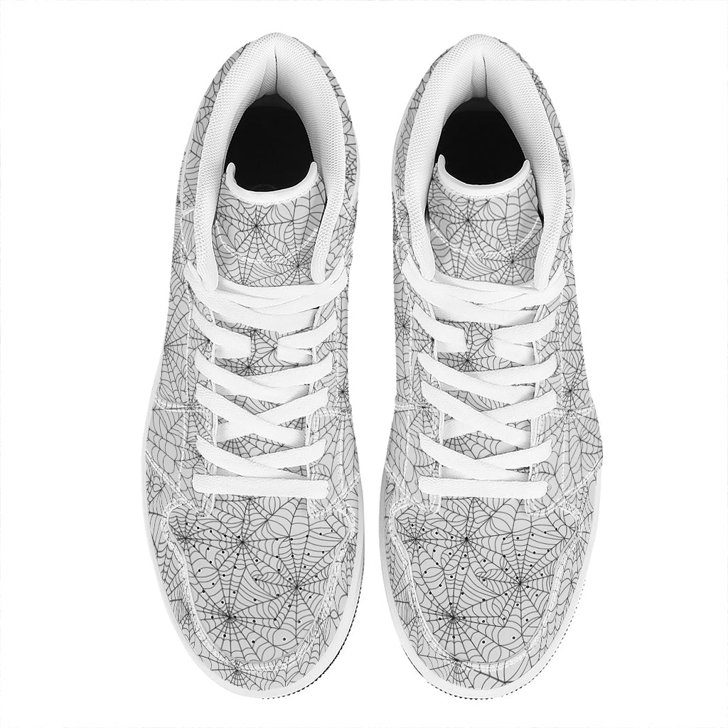 White And Black Spider Web Pattern Print High Top Leather Sneakers